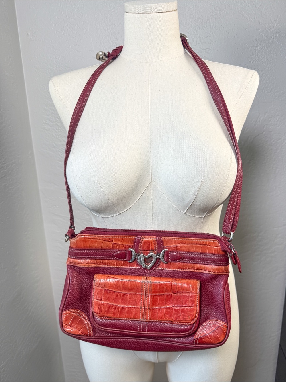 Brighton Leather Crossbody Wallet Bag Heart Buckle Croc Embossed